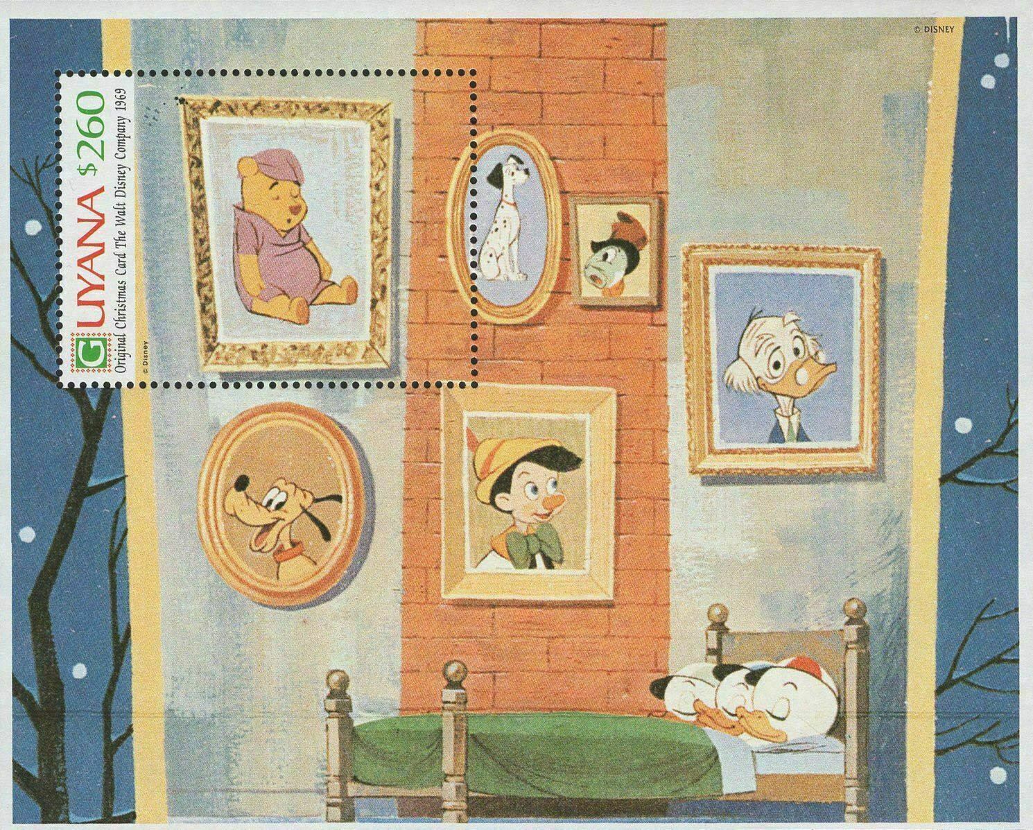 Disney Stamp Christmas Card Pluto Dalmatian Pooh Pinocchio Souvenir Sheet Mnh