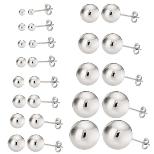 Sterling Silver .925 High Polished Round Ball Bead Stud Earring Pair With Backs