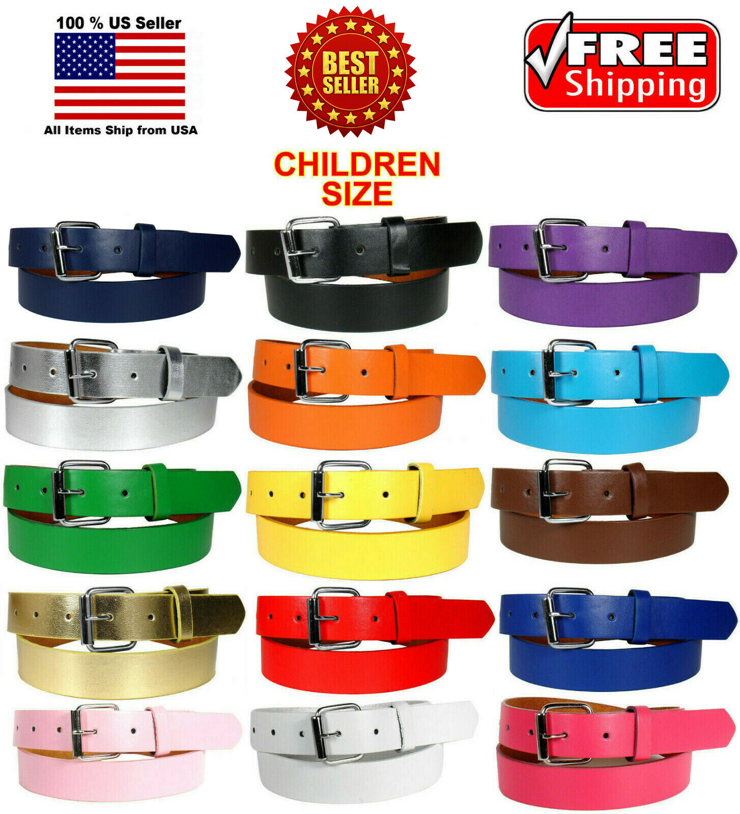 Kids Children Plain Solid Color Leather Belt Silver Buckle Boys Girls S M L Xl