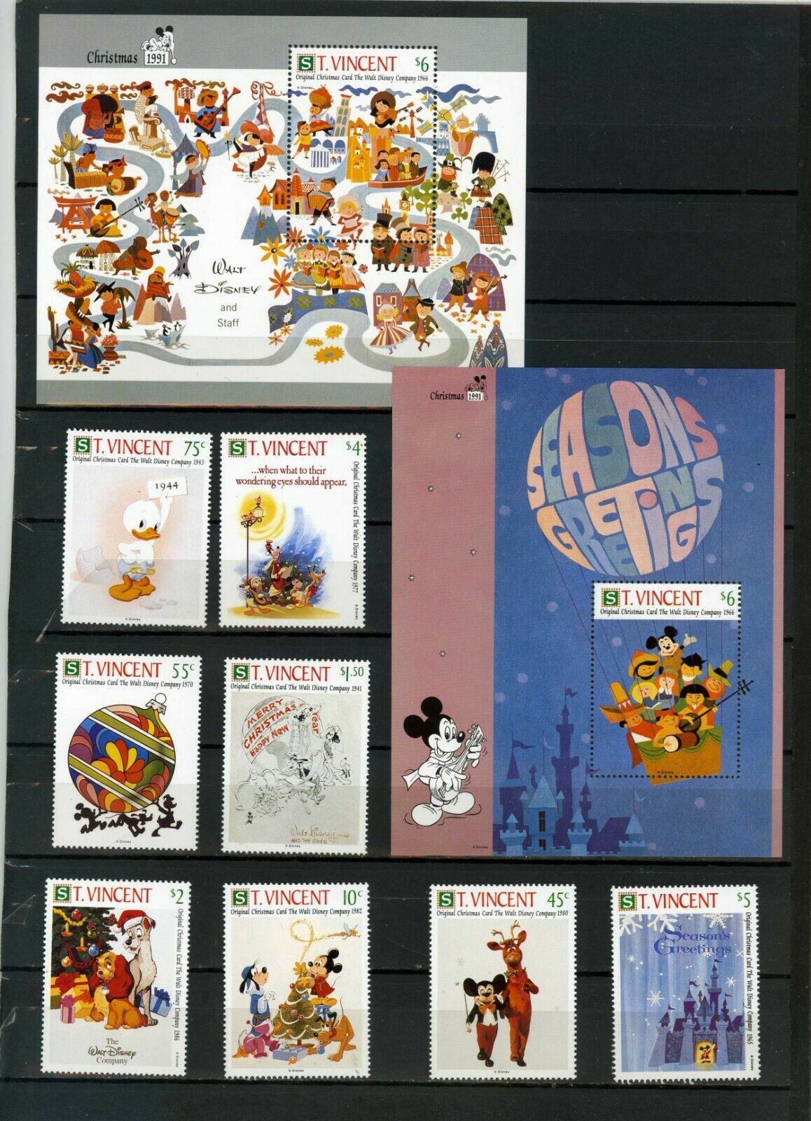 St.vincent 1991 Disney Christmas Cards Set Of 8 Stamps & 2 S/s Mnh