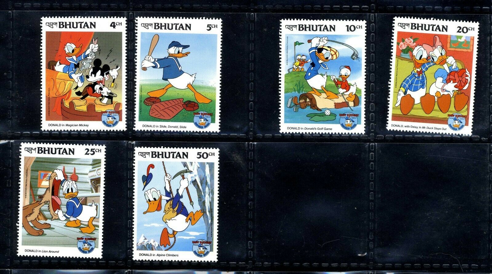 1984 Bhutan Disney 6-stamp  Disney Mickey Donald Duck Mnh