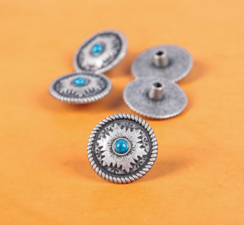 10pc 26x26mm Vintage Silver Flower Turquoise Rope Edge Screwback Craft Conchos