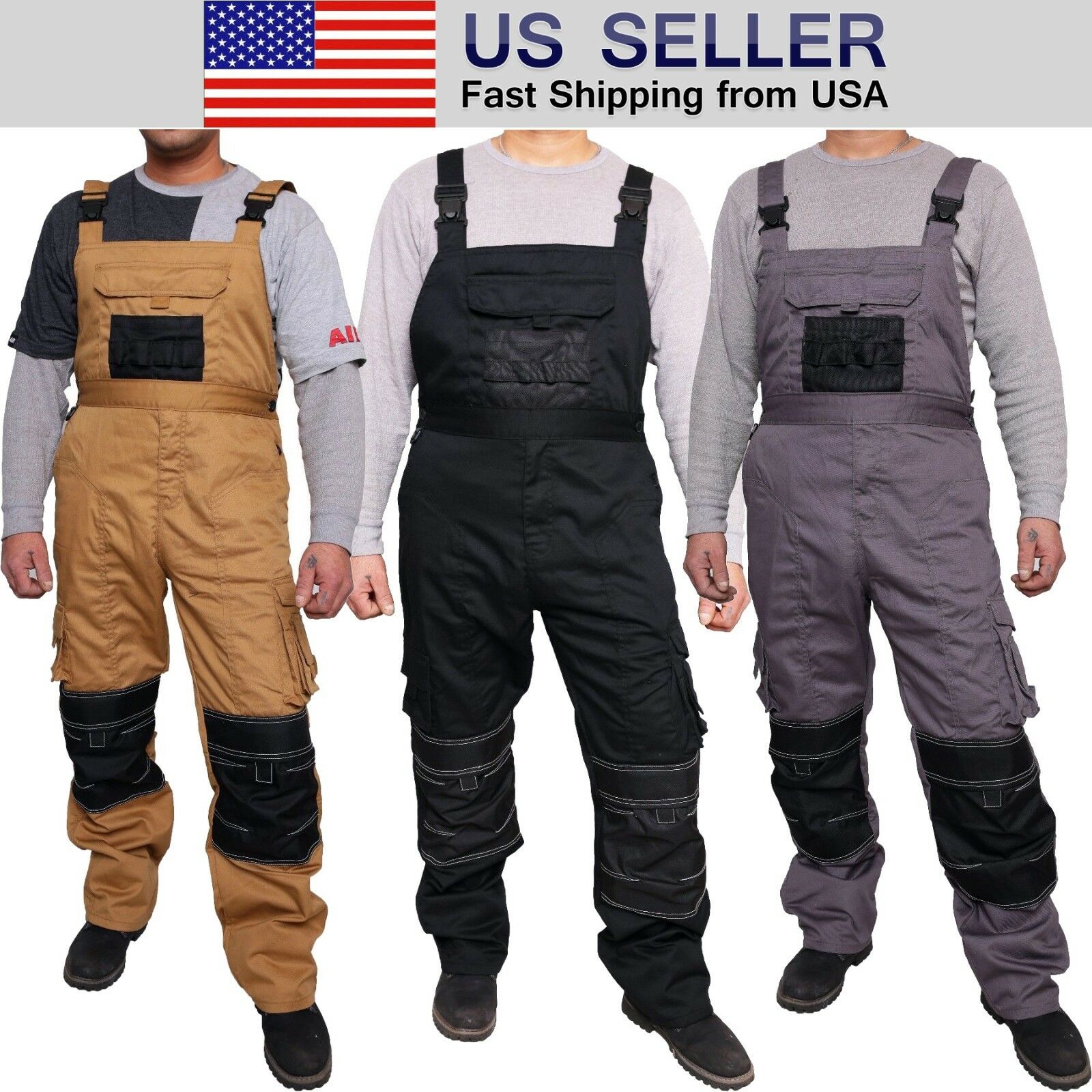 Mens Work Dungarees Working Trousers Bib And Brace Overall Multi Pockets Pants